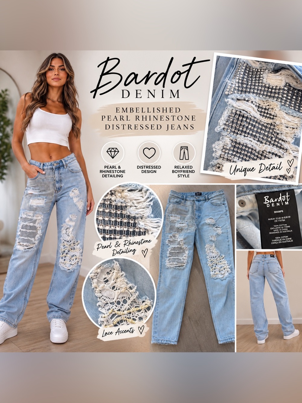 Bardot Denim Embellished Pearl Rhinestone Distressed Boyfriend Jeans US 30